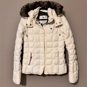 VTG Y2K Abercrombie & Fitch White Fur Trim Lined Hood Down Quilt Puffer Coat Med